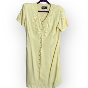Dawn Joy Fashions Button Front Dress Women's 12 Yellow VTG Tie Back Embroidered